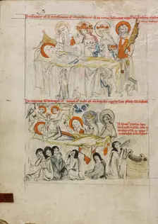 Saint Hedwig on Her Sickbed Surrounded by Saints; The Death of Saint Hedwig and Her Soul..., 1353. Creator: Unknown