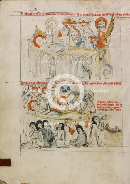 Saint Hedwig on Her Sickbed Surrounded by Saints; The Death of Saint Hedwig and Her Soul..., 1353. Creator: Unknown.