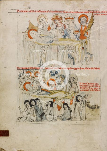 Saint Hedwig on Her Sickbed Surrounded by Saints; The Death of Saint Hedwig and Her Soul..., 1353. Creator: Unknown.
