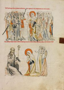 Saint Hedwig Receiving Shoes Miraculously; Abbot Gunther of Leubus Presenting Shoes..., 1353. Creator: Unknown