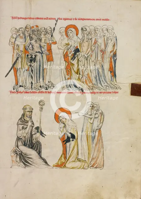 Saint Hedwig Receiving Shoes Miraculously; Abbot Gunther of Leubus Presenting Shoes..., 1353. Creator: Unknown.