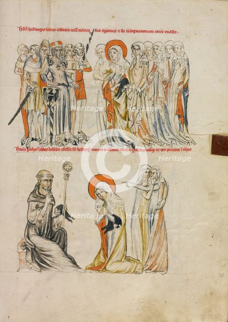 Saint Hedwig Receiving Shoes Miraculously; Abbot Gunther of Leubus Presenting Shoes..., 1353. Creator: Unknown.