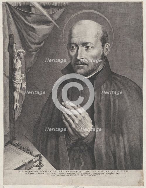 Saint Ignatius of Loyola, praying towards the left with a crucifix, a rosary, a book, and ..., 1621. Creator: Lucas Vorsterman.