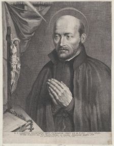 Saint Ignatius of Loyola, praying towards the left with a crucifix, a rosary, a book, and ..., 1621. Creator: Lucas Vorsterman