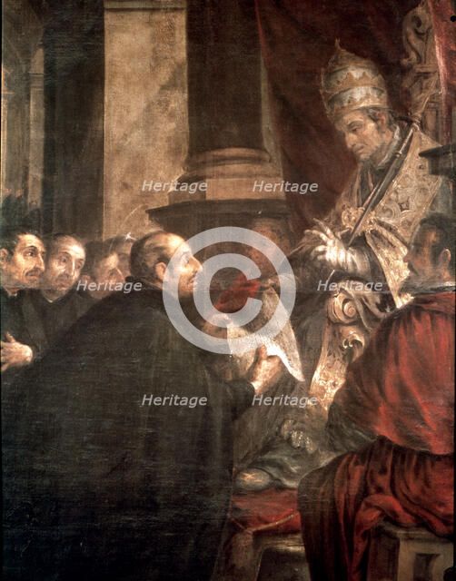 Saint Ignatius receiving from Pope Paul III the bull of the founding of the Society of Jesus.