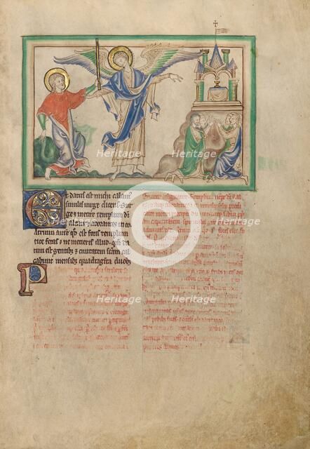 Saint John Takes the Rod to Measure the Temple; Dyson Perrins Apocalypse, about 1255-1260. Creator: Unknown.