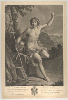 Saint John the Baptist in the desert, seated on a rock and pointing upward with his left h..., 1770. Creators: Guido Reni, Pedro Pascual Moles