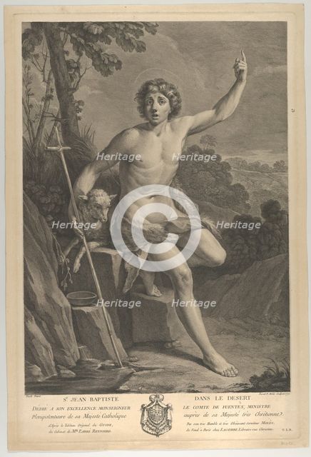 Saint John the Baptist in the desert, seated on a rock and pointing upward with his left h..., 1770. Creators: Guido Reni, Pedro Pascual Moles.