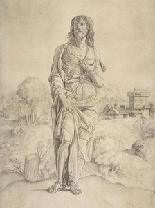 Saint John the Baptist standing in landscape, figures and buildings in the backgrou..., ca. 1505-10. Creator: Giulio Campagnola