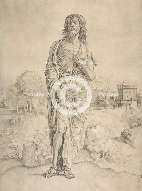 Saint John the Baptist standing in landscape, figures and buildings in the backgrou..., ca. 1505-10. Creator: Giulio Campagnola.