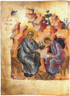 Saint John the Evangelist and Prochorus. From the Zaraysk Gospel, 1401
