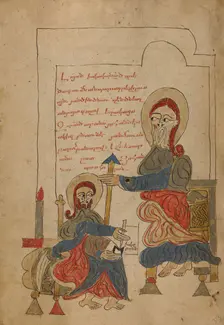 Saint John the Evangelist Dictating; Gospel Book, 1386. Creator: Unknown
