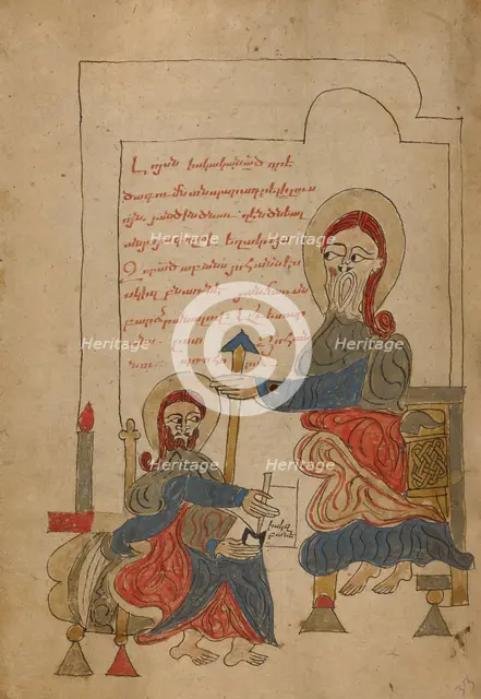Saint John the Evangelist Dictating; Gospel Book, 1386. Creator: Unknown.