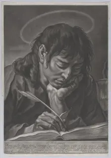 Saint John the Evangelist; head and shoulders, writing with a quill; after Gi..., ca. 1750-ca. 1760. Creator: Johann Lorenz Haid