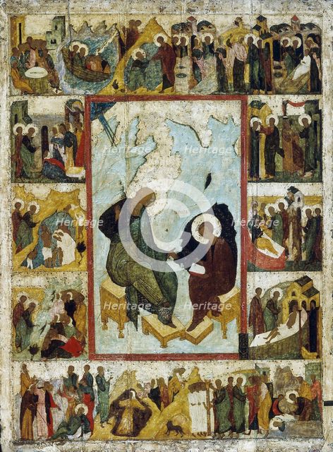 Saint John the Evangelist on Patmos with Scenes from His Life, early 16th century. Creator: Russian icon.