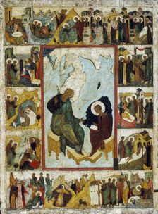 Saint John the Evangelist on Patmos with Scenes from His Life, early 16th century. Creator: Russian icon