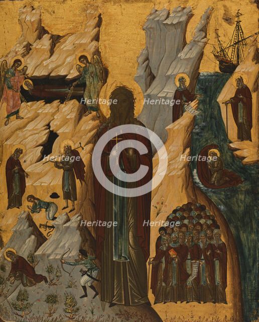 Saint John the Hermit and scenes from his life, between 1600 and 1700. Creator: Cretan School.