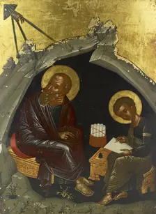 Saint John the Theologian dictates his Gospel to Prochoros, 1475-1525 (?) or 19th century. Creator: Unknown