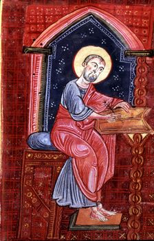 Saint John writing the Gospel, a miniature of a 10th century codex