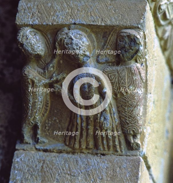  'Saint John baptising Christ', capital of the front of the church of San Juan de Montañana (Hues…
