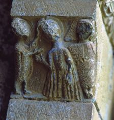 Saint John baptising Christ capital of the front of the church of San Juan de Montañana (Hues…
