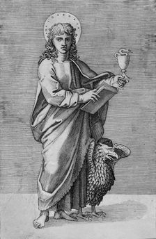Saint John holding chalice in left hand, book in right, eagle standing by left si..., ca. 1500-1550. Creator: School of Marcantonio Raimondi