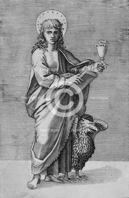Saint John holding chalice in left hand, book in right, eagle standing by left si..., ca. 1500-1550. Creator: School of Marcantonio Raimondi.
