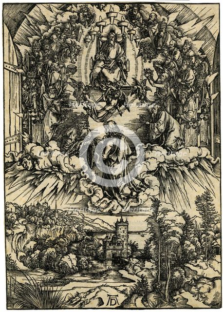 Saint John kneeling before Christ and the twenty-four elders. From Apocalypsis cum Figuris, 1498.