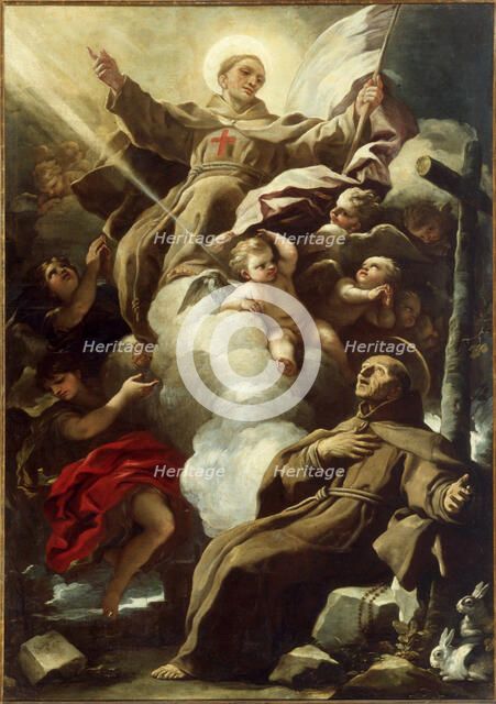 Saint John of Capistrano in glory appears to Saint Peter of Alcantara, 1690s. Creator: Giordano, Luca (1632-1705).