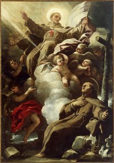 Saint John of Capistrano in glory appears to Saint Peter of Alcantara, 1690s. Creator: Giordano, Luca (1632-1705)