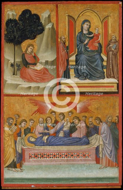 Saint John on Patmos, Madonna and Child Enthroned, and Death of the Virgin; The Crucifixion. Creator: Pacino di Bonaguida.