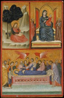 Saint John on Patmos, Madonna and Child Enthroned, and Death of the Virgin; The Crucifixion. Creator: Pacino di Bonaguida