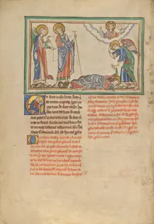 Saint John Praying to the Angel; Dyson Perrins Apocalypse, about 1255-1260. Creator: Unknown