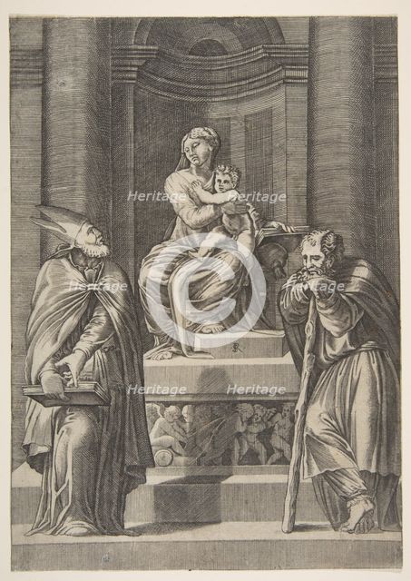 Saint Joseph at left and a bishop at right standing before the altar of the Virgin ..., ca. 1515-27. Creator: Marco Dente.