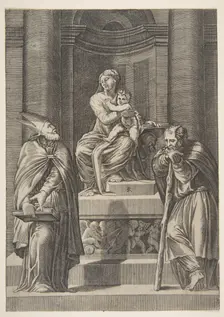 Saint Joseph at left and a bishop at right standing before the altar of the Virgin ..., ca. 1515-27. Creator: Marco Dente