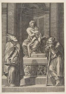 Saint Joseph at left and a bishop at right standing before the altar of the Virgin ..., ca. 1515-27. Creator: Marco Dente