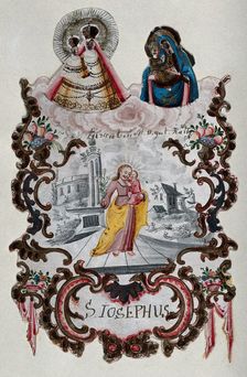 Saint Joseph holding the Christ Child beneath two images of the Virgin and Child. Creator: Unknown