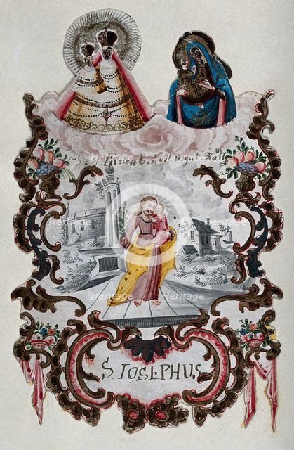 Saint Joseph holding the Christ Child beneath two images of the Virgin and Child. Creator: Unknown.