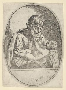 Saint Joseph holding the infant Christ, who raises up his hands, an oval composit..., ca. 1600-1660. Creator: Anon