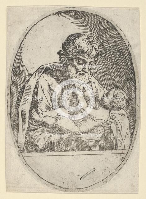 Saint Joseph holding the infant Christ, who raises up his hands, an oval composit..., ca. 1600-1660. Creator: Anon.