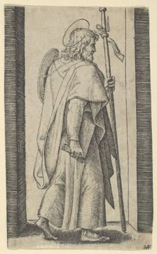 Saint James Major, book is his right hand, staff in his left facing right, from t..., ca. 1500-1527. Creator: Marcantonio Raimondi