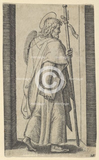 Saint James Major, book is his right hand, staff in his left facing right, from t..., ca. 1500-1527. Creator: Marcantonio Raimondi.