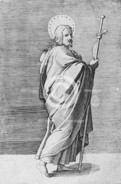 Saint James the Major turned towards right, holding staff, ca. 1500-1550. Creator: School of Marcantonio Raimondi.
