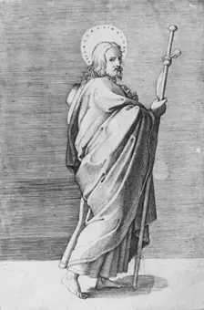 Saint James the Major turned towards right, holding staff, ca. 1500-1550. Creator: School of Marcantonio Raimondi