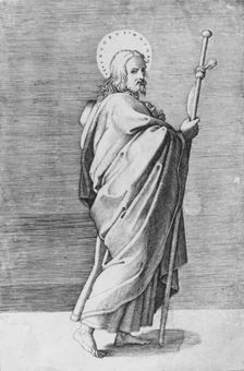 Saint James the Major turned towards right, holding staff, ca. 1500-1550. Creator: School of Marcantonio Raimondi