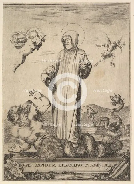 Saint Jean Gualbert trampling a monster with two human heads and a serpentine body, a flyi..., 1640. Creator: Stefano della Bella.