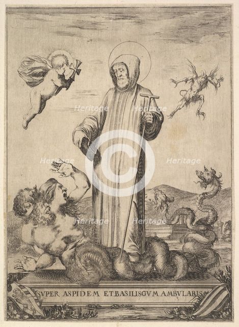 Saint Jean Gualbert trampling a monster with two human heads and a serpentine body, a flyi..., 1640. Creator: Stefano della Bella.