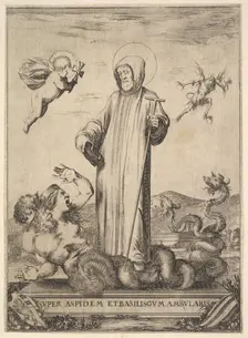 Saint Jean Gualbert trampling a monster with two human heads and a serpentine body, a flyi..., 1640. Creator: Stefano della Bella