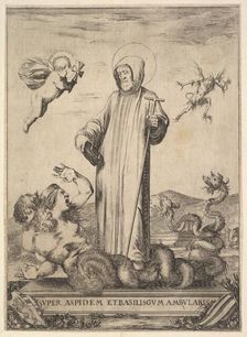 Saint Jean Gualbert trampling a monster with two human heads and a serpentine body, a flyi..., 1640. Creator: Stefano della Bella