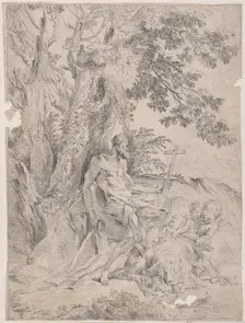 Saint Jerome before a crucifix accompanied by a lion and three putti, ca. 1631-37. Creator: Pietro Testa